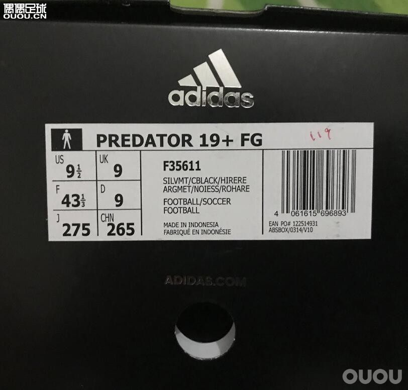 阿迪达斯 Adidas猎鹰 PREDATOR 19+ 超顶FG 男子足球鞋F35611 JP275